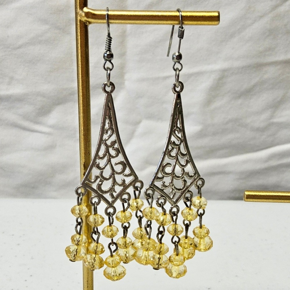 Chandelier Earrings Women Yellow Silver Boho Filigree Beaded Dangle